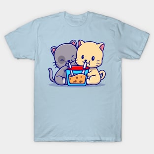 Cute Couple Cat Drink Boba Milk Tea Cartoon T-Shirt